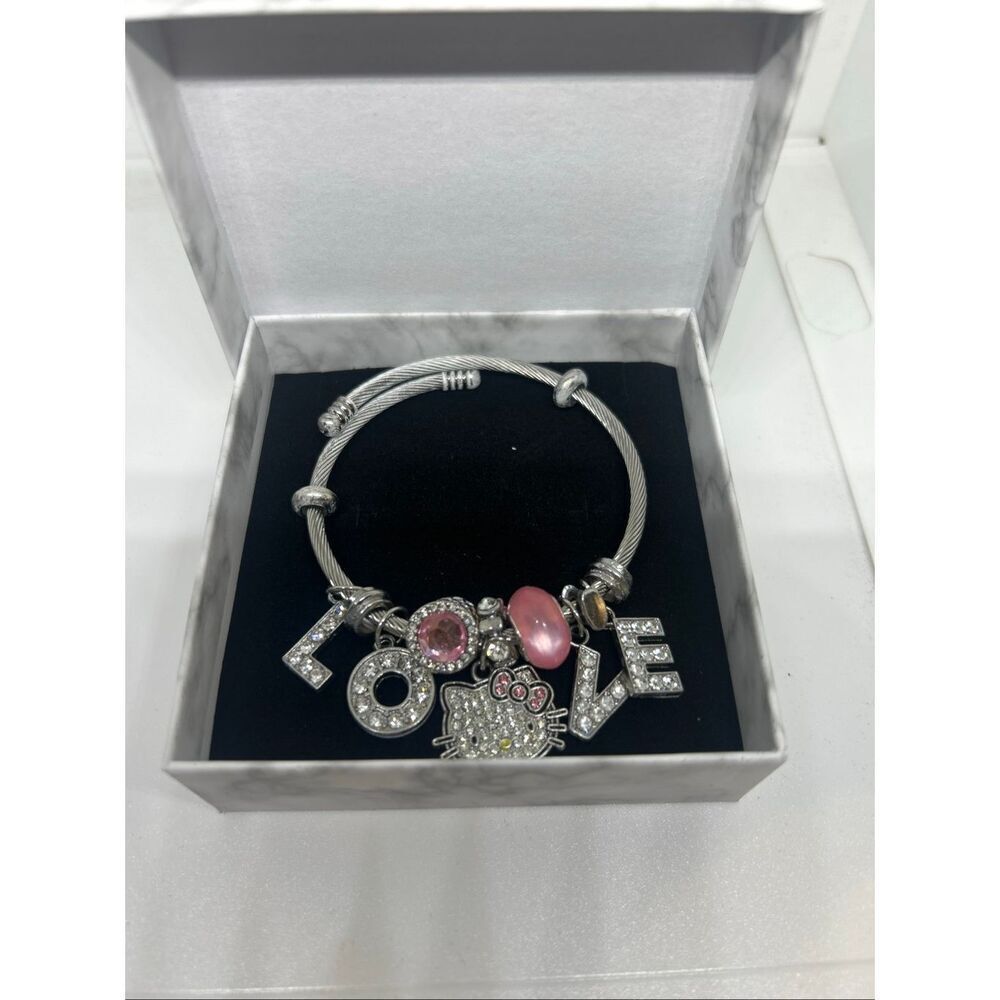 Hello Kitty Inspired Charm Bracelet LOVE Rhinestone Pink Beads Gift